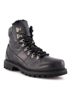 BOGNER, Schnürboots Helsinki S 21, Leder Lammfell Gefüttert Spikes, Schwarz