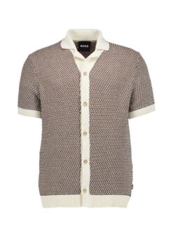 BOSS Black, Kurzarmhemd Iconico, Strick, Ecru Gemustert